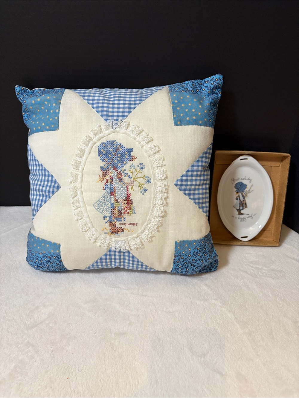 Holly Hobbie Quilted & Embroidered Pillow AND Trinket/Collector Dish 5.75”x3.25”